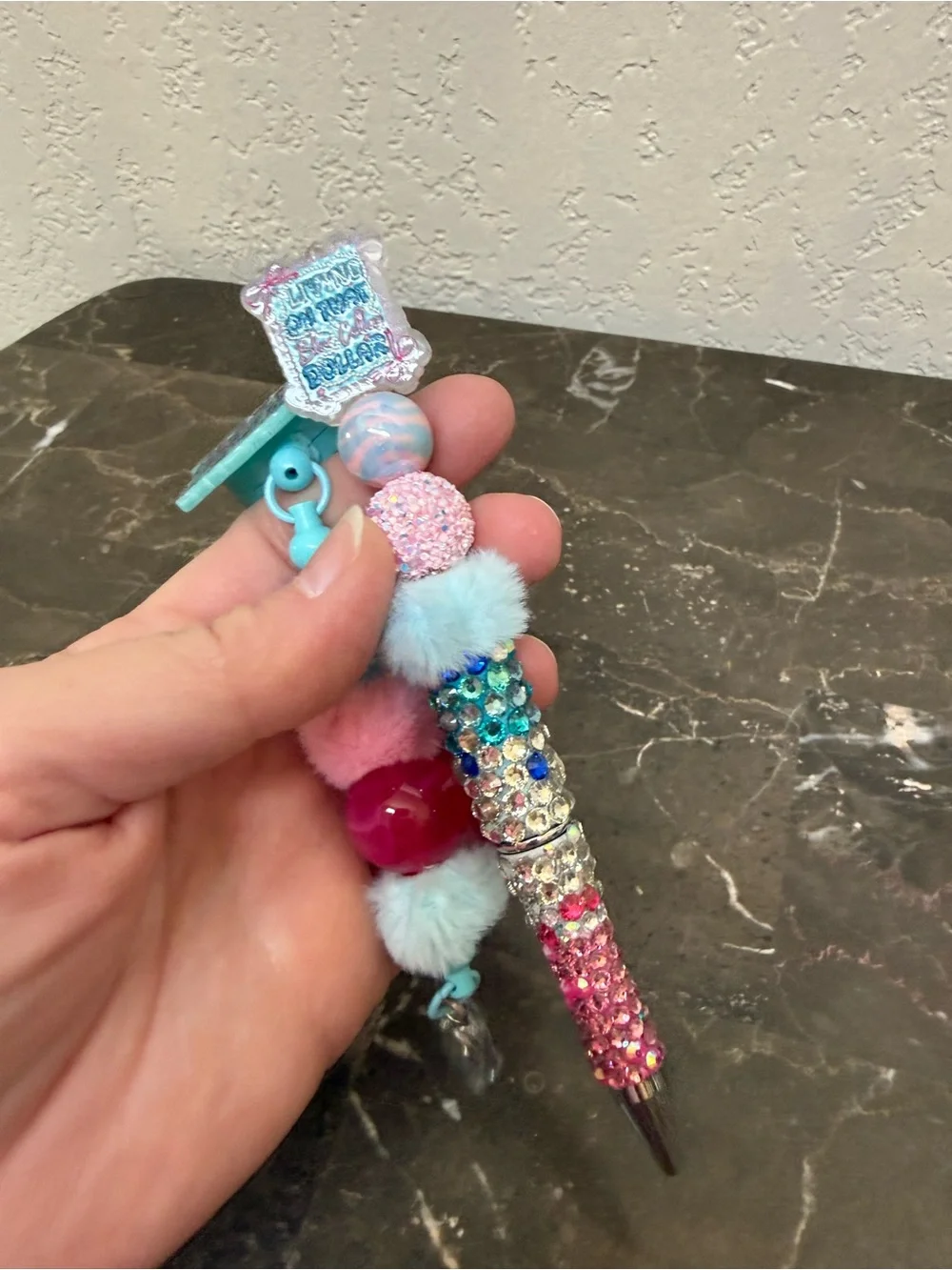 Living on That Blue Collar Dollar Rhinestone Beaded Pen and Matching Badge Reel